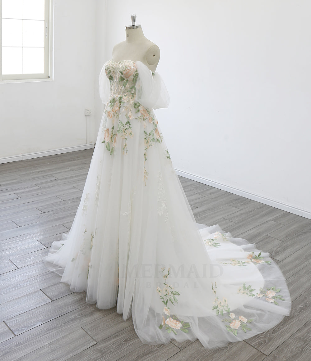 Off Shoulder Sweetheart Court Train Boho Colorful Wedding Dress