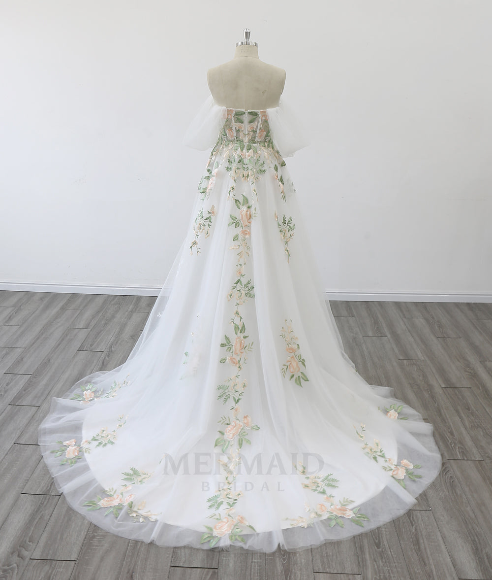 Off Shoulder Sweetheart Court Train Boho Colorful Wedding Dress