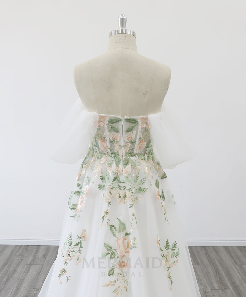 Off Shoulder Sweetheart Court Train Boho Colorful Wedding Dress