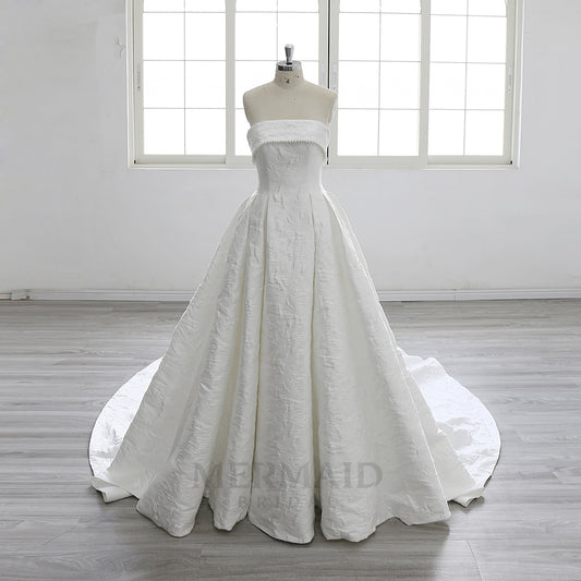 New Strapless Court Train Ball Gown Jacquard Satin Wedding Dress 2025