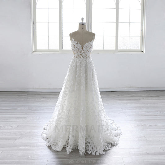 V Neck Sweep Train Bohemian Beach Outdoor Boho Wedding Dress