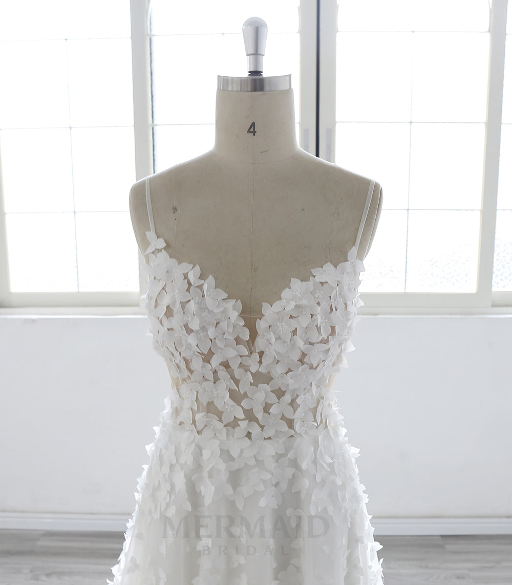 V Neck Sweep Train Bohemian Beach Outdoor Boho Wedding Dress
