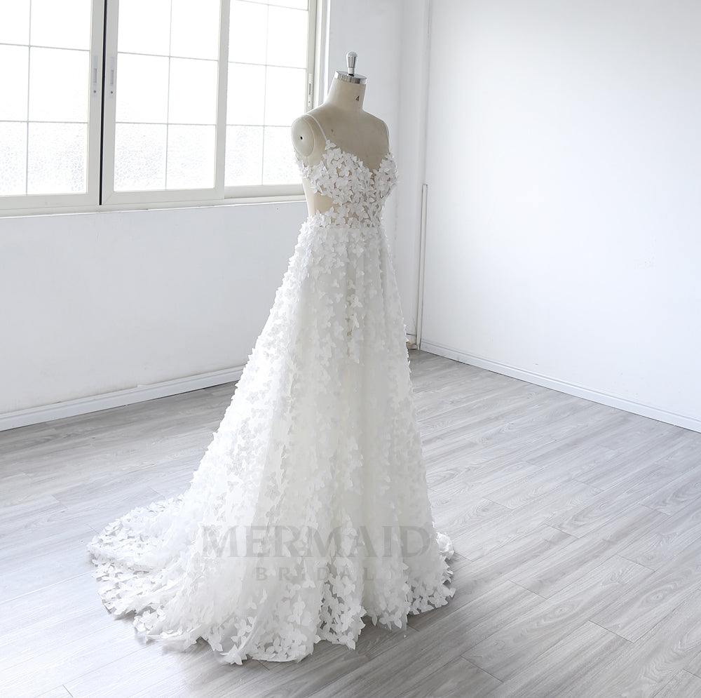 V Neck Sweep Train Bohemian Beach Outdoor Boho Wedding Dress