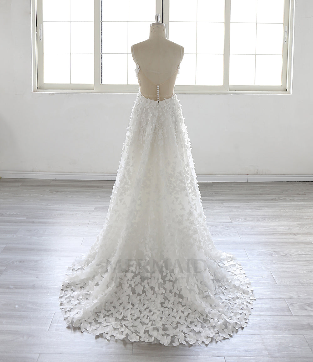 V Neck Sweep Train Bohemian Beach Outdoor Boho Wedding Dress