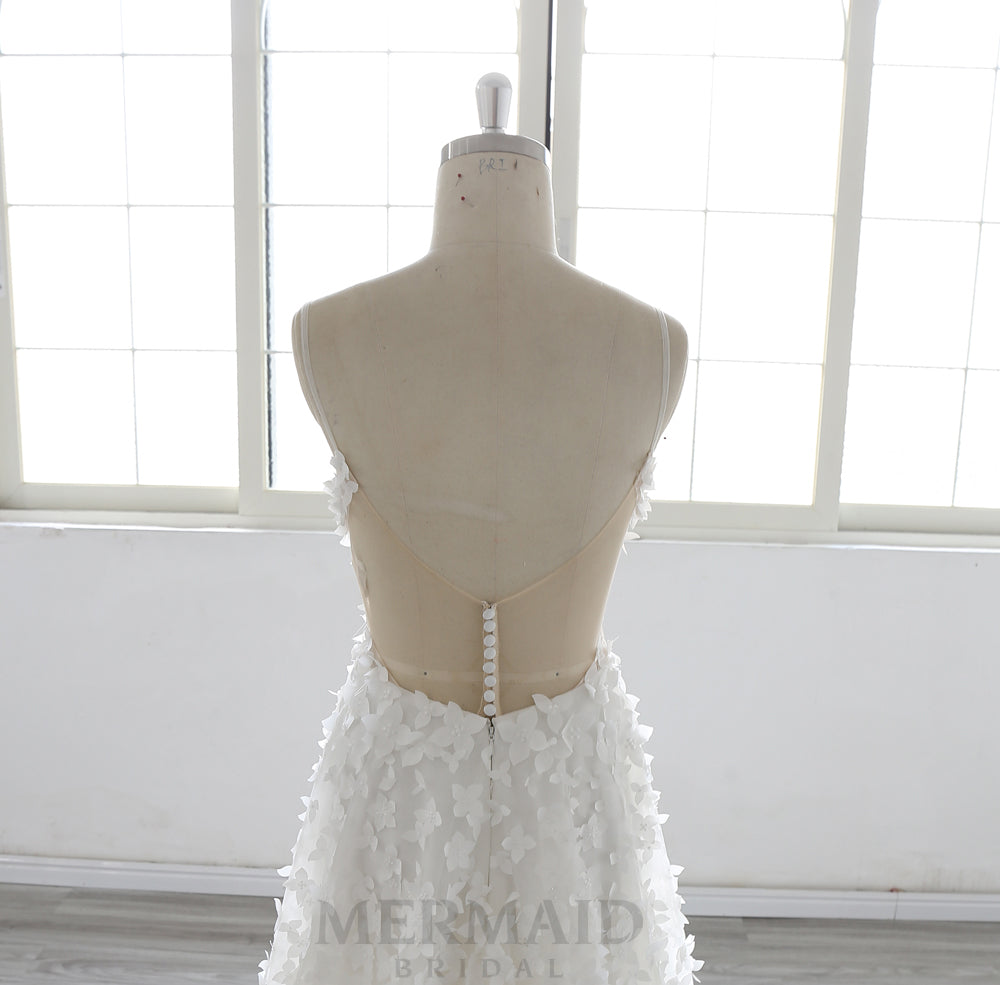 V Neck Sweep Train Bohemian Beach Outdoor Boho Wedding Dress