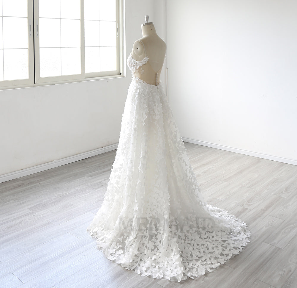 V Neck Sweep Train Bohemian Beach Outdoor Boho Wedding Dress