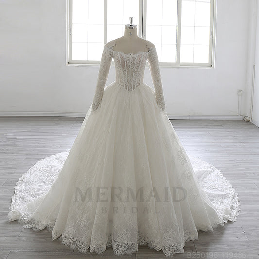 Luxury Detachable Long Sleeves Chapel  Train Boned lace Ball Gown Wedding Dress