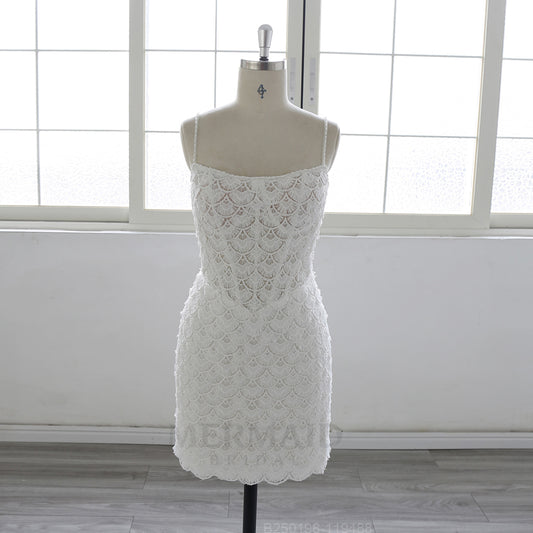 Spaghetti Straps Beading Lace Short Knee Wedding Dress