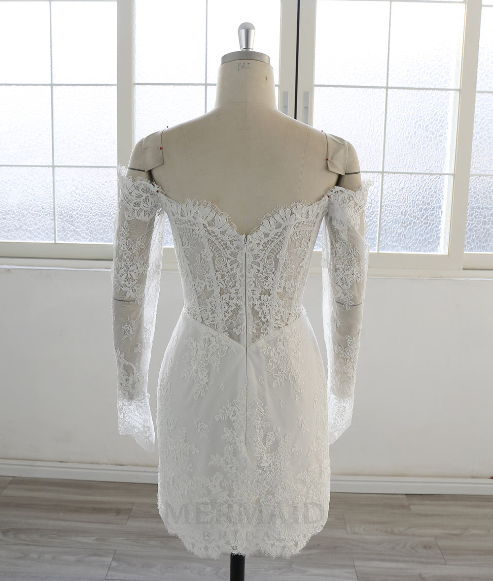 Long Sleeves Lace Short Knee Wedding Dress Ivory / 12 Long Sleeves Lace Short Knee Wedding Dress Ivory / 12