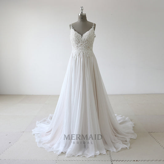 Backless heavy beading chiffon boho wedding dress