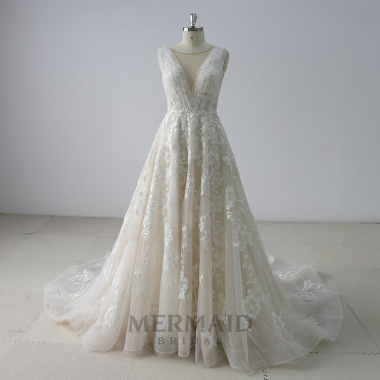 Backless V Neck Sequins Court Train Lace Wedding Dress