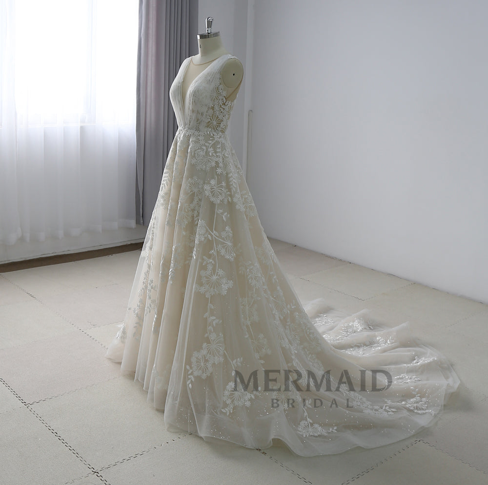 Backless V Neck Sequins Court Train Lace Wedding Dress