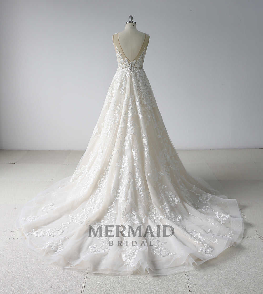 Backless V Neck Sequins Court Train Lace Wedding Dress