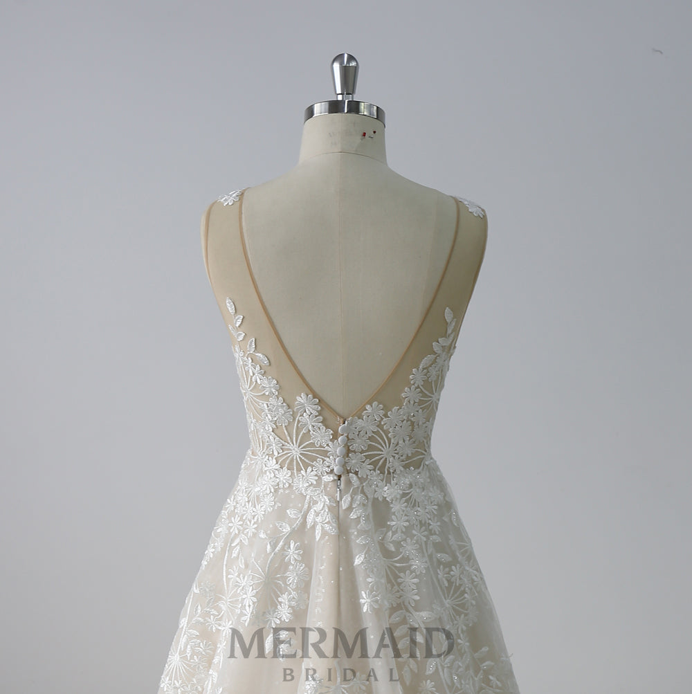 Backless V Neck Sequins Court Train Lace Wedding Dress