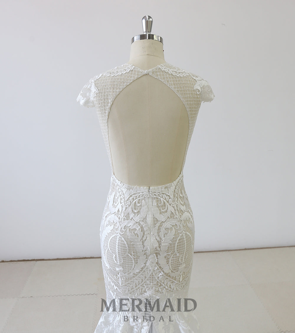 New Cap Sleeves Mermaid See Through Wedding Dress Bridal Gown