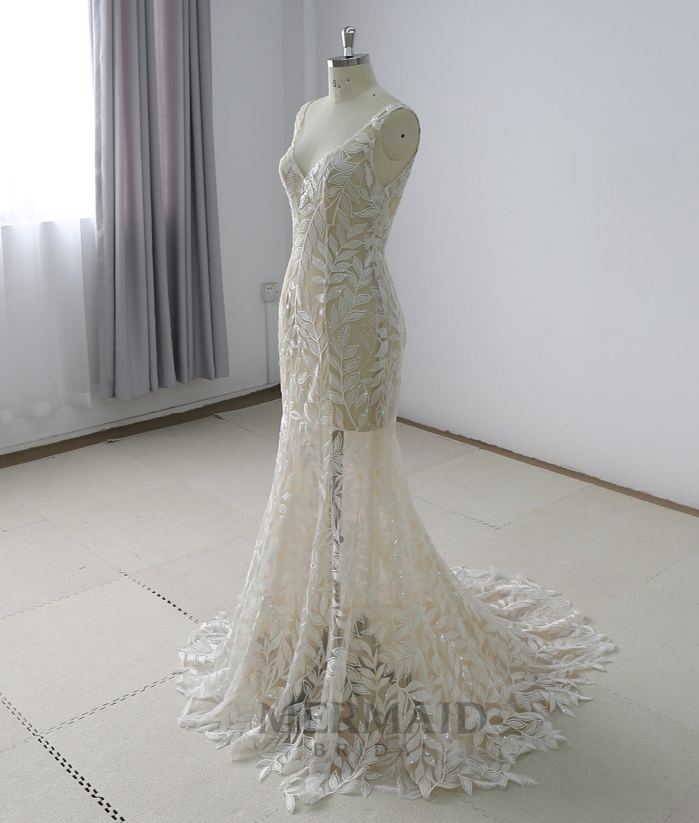 New V Neck Mermaid See Through Wedding Dress
