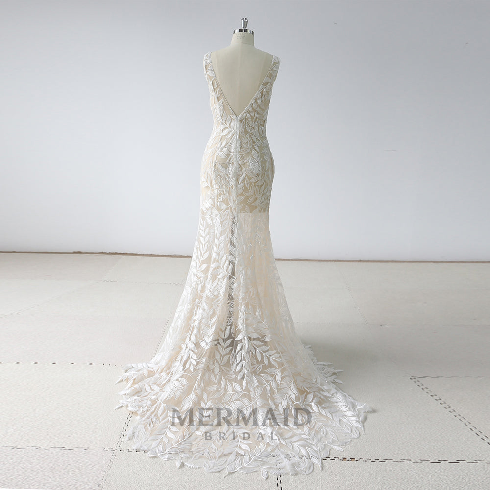 New V Neck Mermaid See Through Wedding Dress