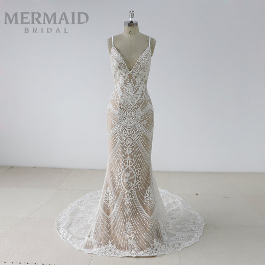 Amazing Beaded Lace Backless Mermaid Wedding Dress
