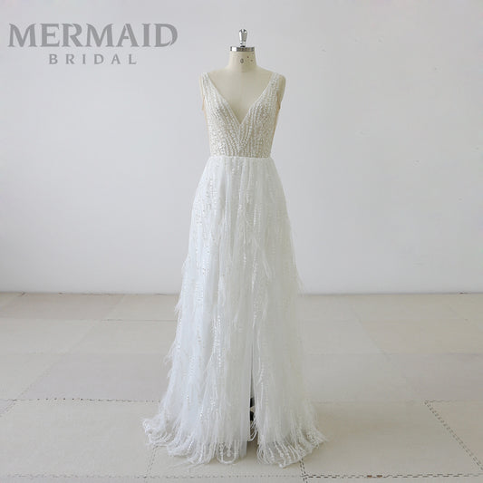 Sexy V Neck Beaded Ostrich Feather Wedding Dress With Split