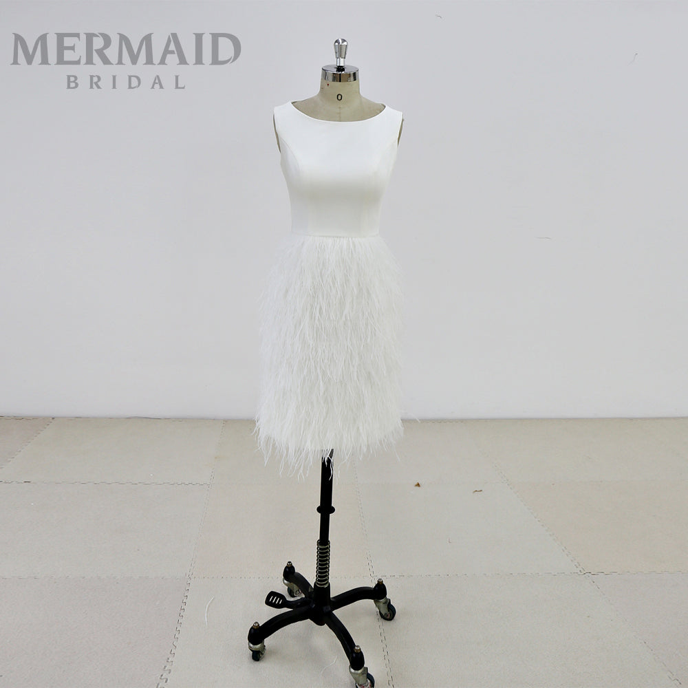 Short Crepe Ostrich Feather Wedding Dress