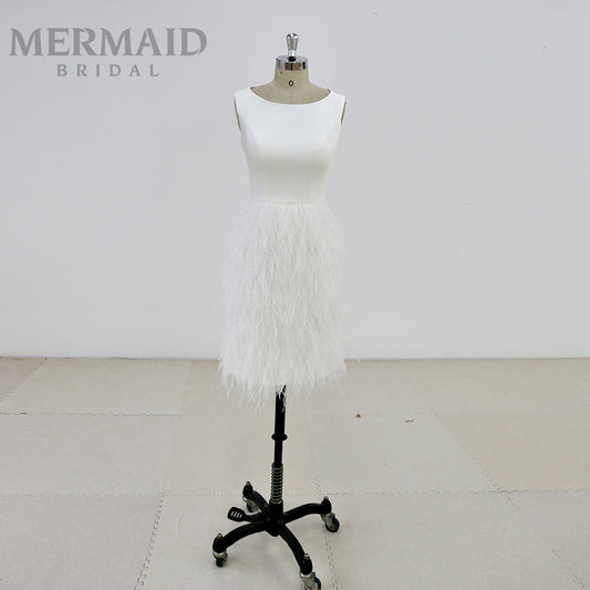 Short Crepe Ostrich Feather Wedding Dress