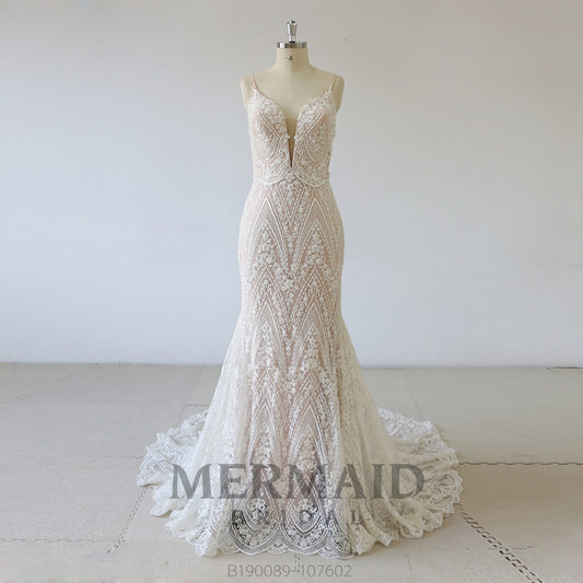 New Lace Spaghetti Heavy Beaded  Mermaid Wedding Dress