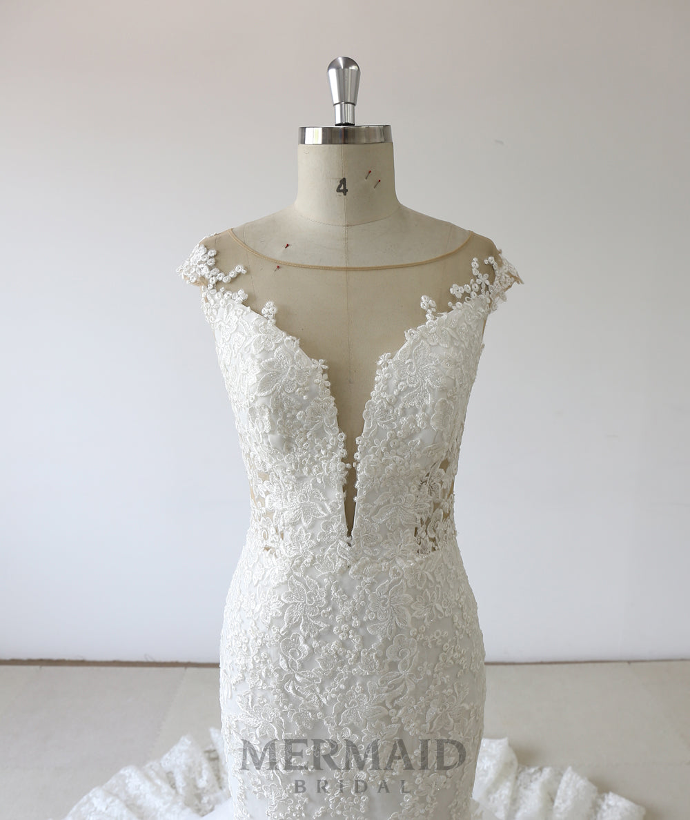 Cap Sleeves Lace Mermaid Wedding Dress