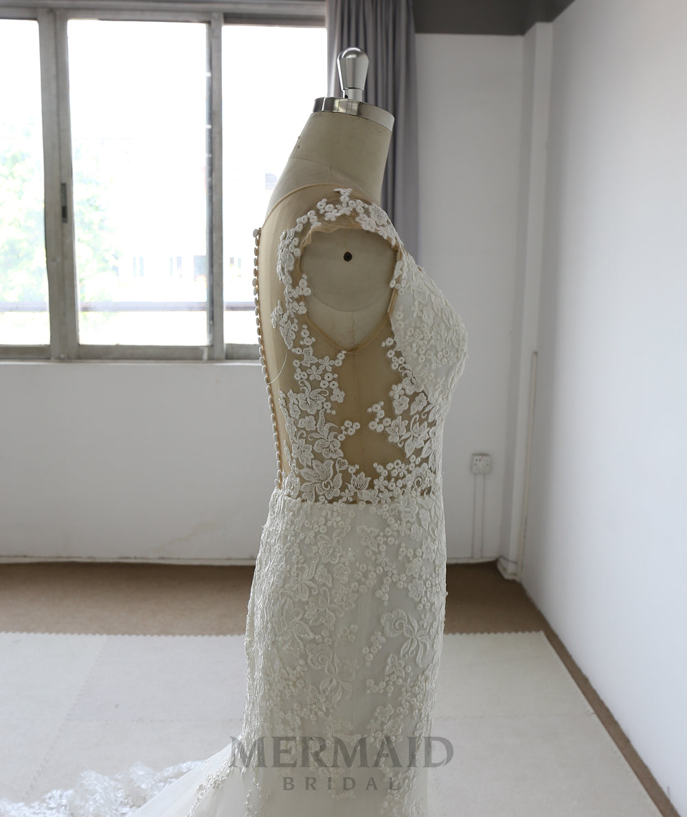 Cap Sleeves Lace Mermaid Wedding Dress