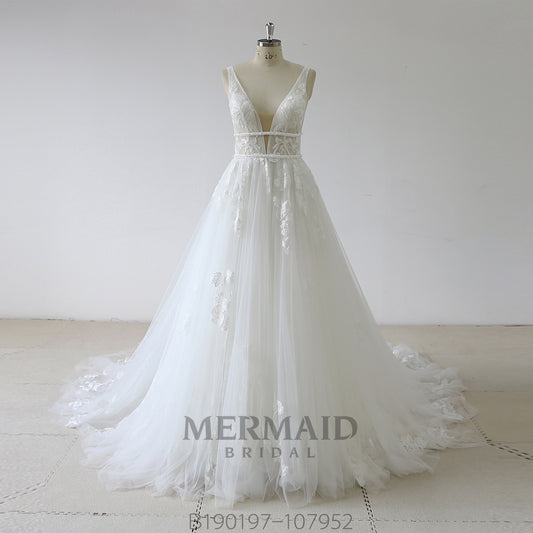 Backless A Line Beaded Lace Wedding Dress