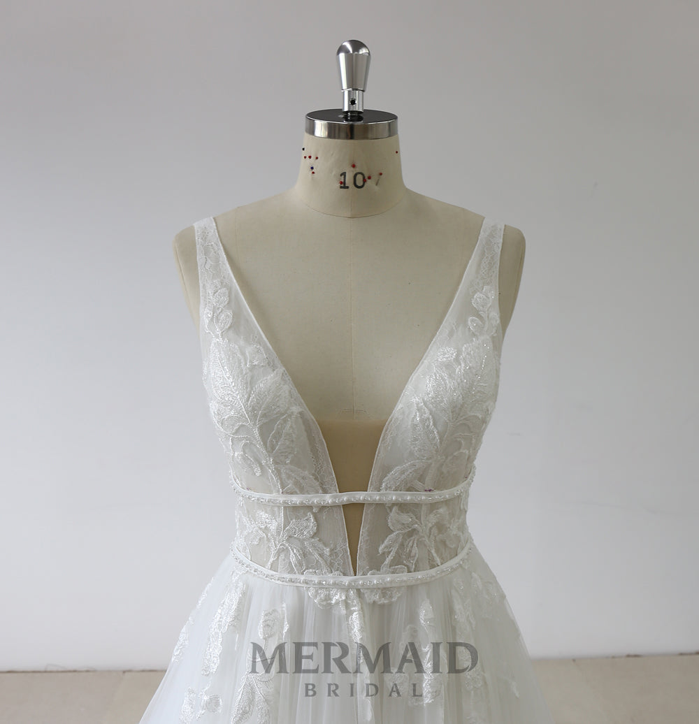 Backless A Line Beaded Lace Wedding Dress