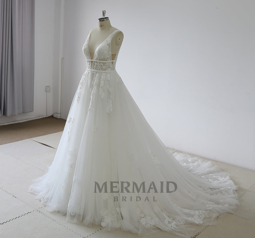 Backless A Line Beaded Lace Wedding Dress
