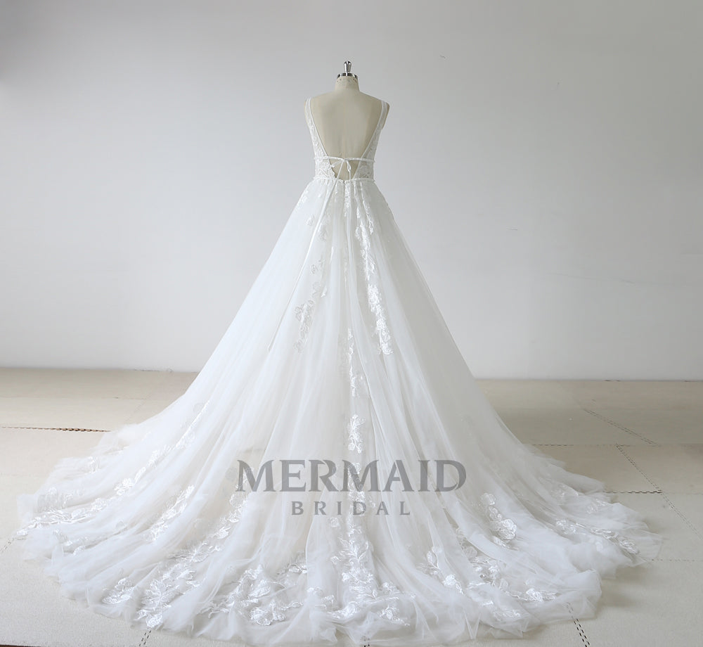 Backless A Line Beaded Lace Wedding Dress