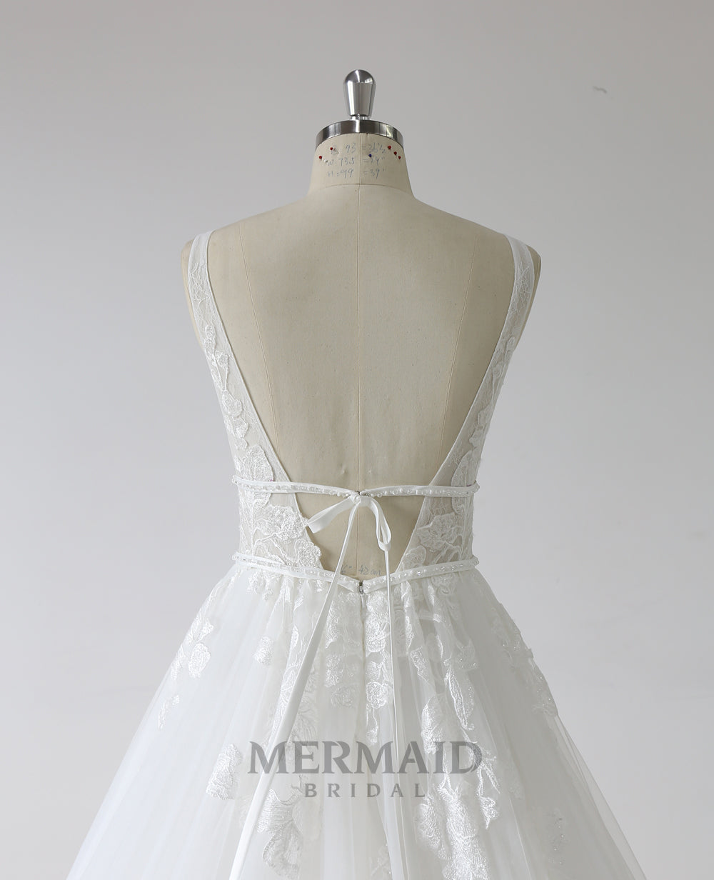 Backless A Line Beaded Lace Wedding Dress
