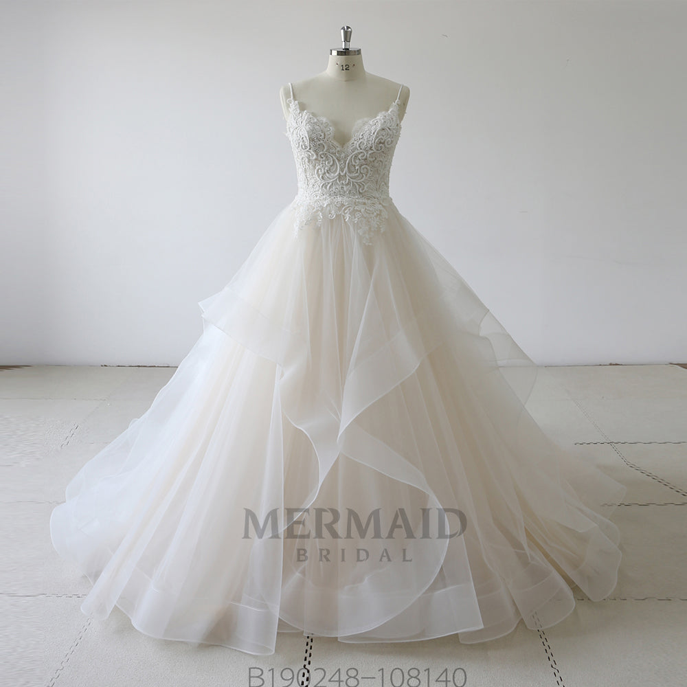 Spaghetti Straps Beading Ruffles A Line Wedding Dress