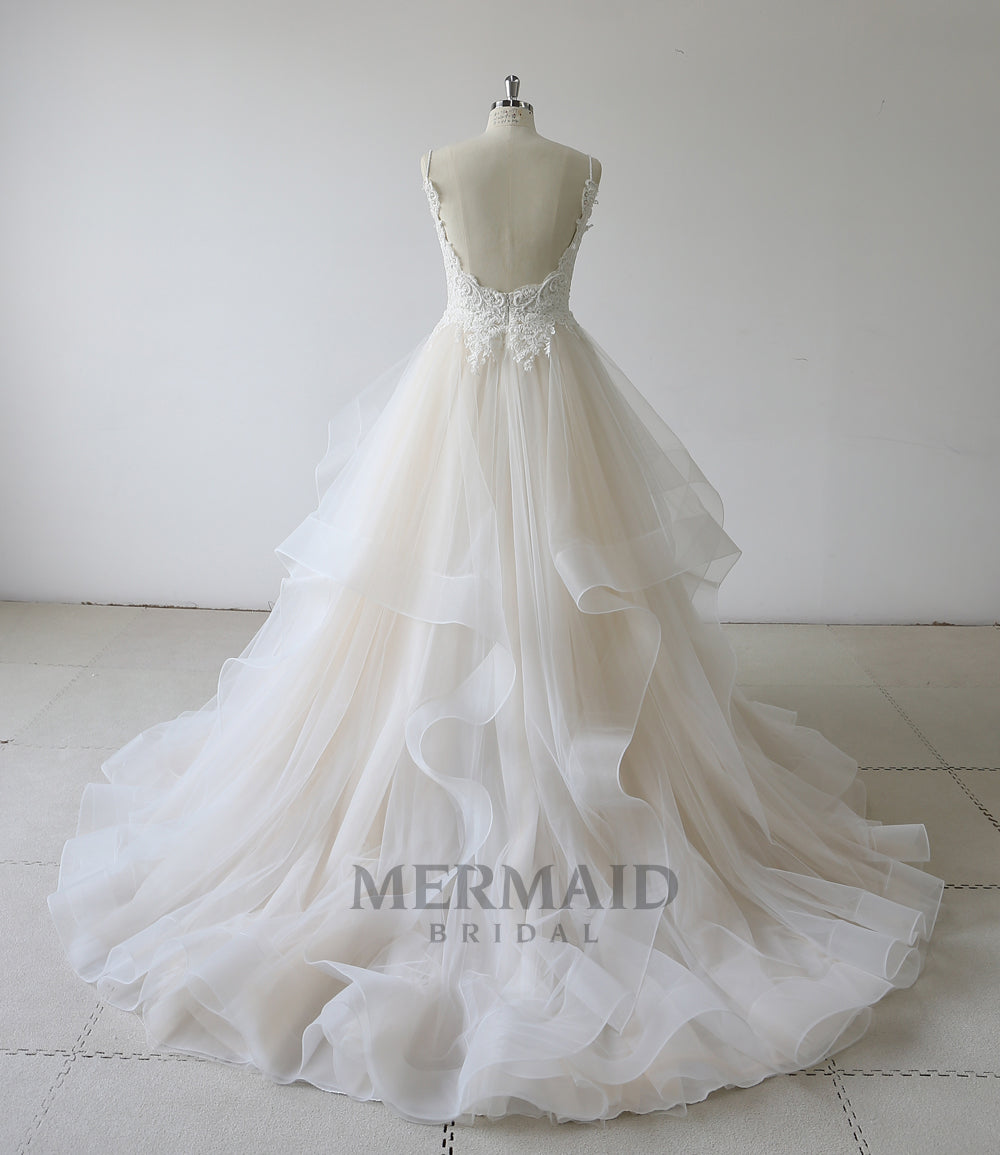 Spaghetti Straps Beading Ruffles A Line Wedding Dress