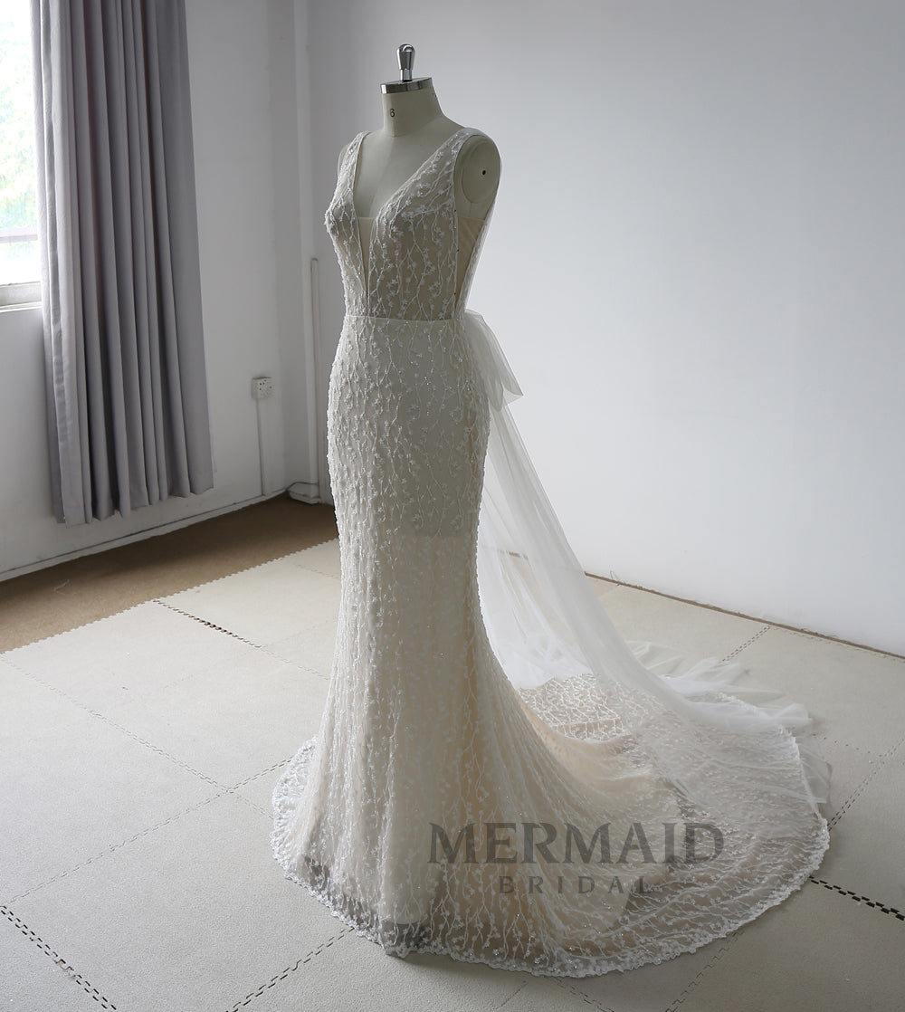 New hand work design heavy beaded mermaid wedding dress with detachable train