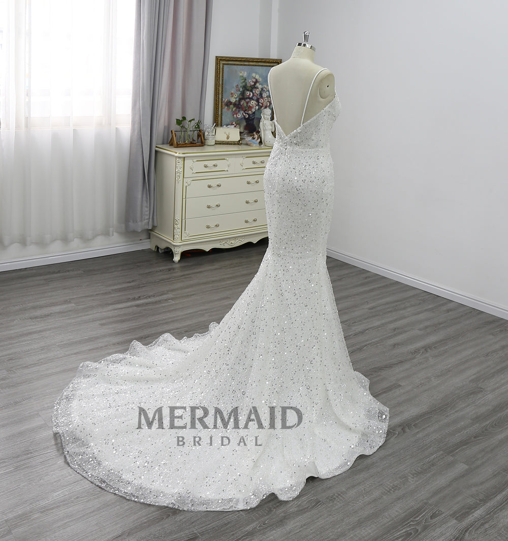 New Spaghetti Straps Sequins Mermaid Wedding Dress