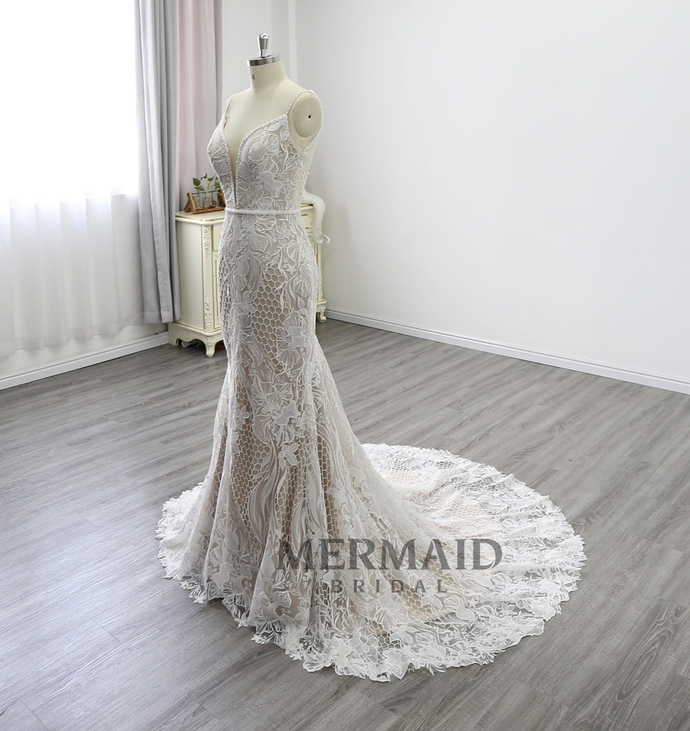 Spaghetti Straps Beaded Lace Wedding Dress