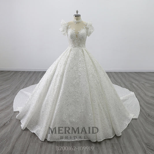Cap sleeves wedding gown bling bling ball gown wedding dress