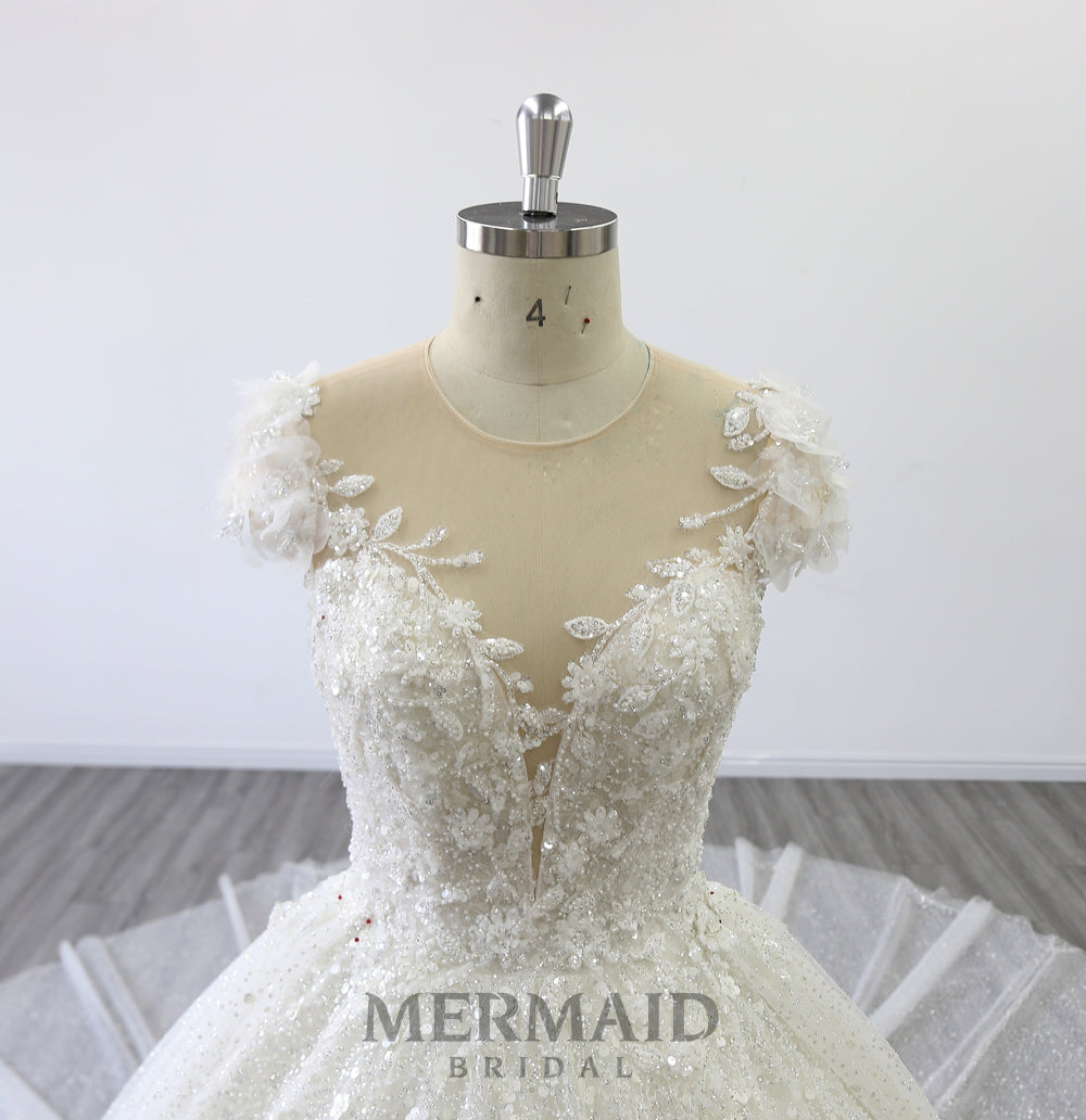 Cap Sleeves Bling Ball Gown Wedding Dress with Detachable Skirt