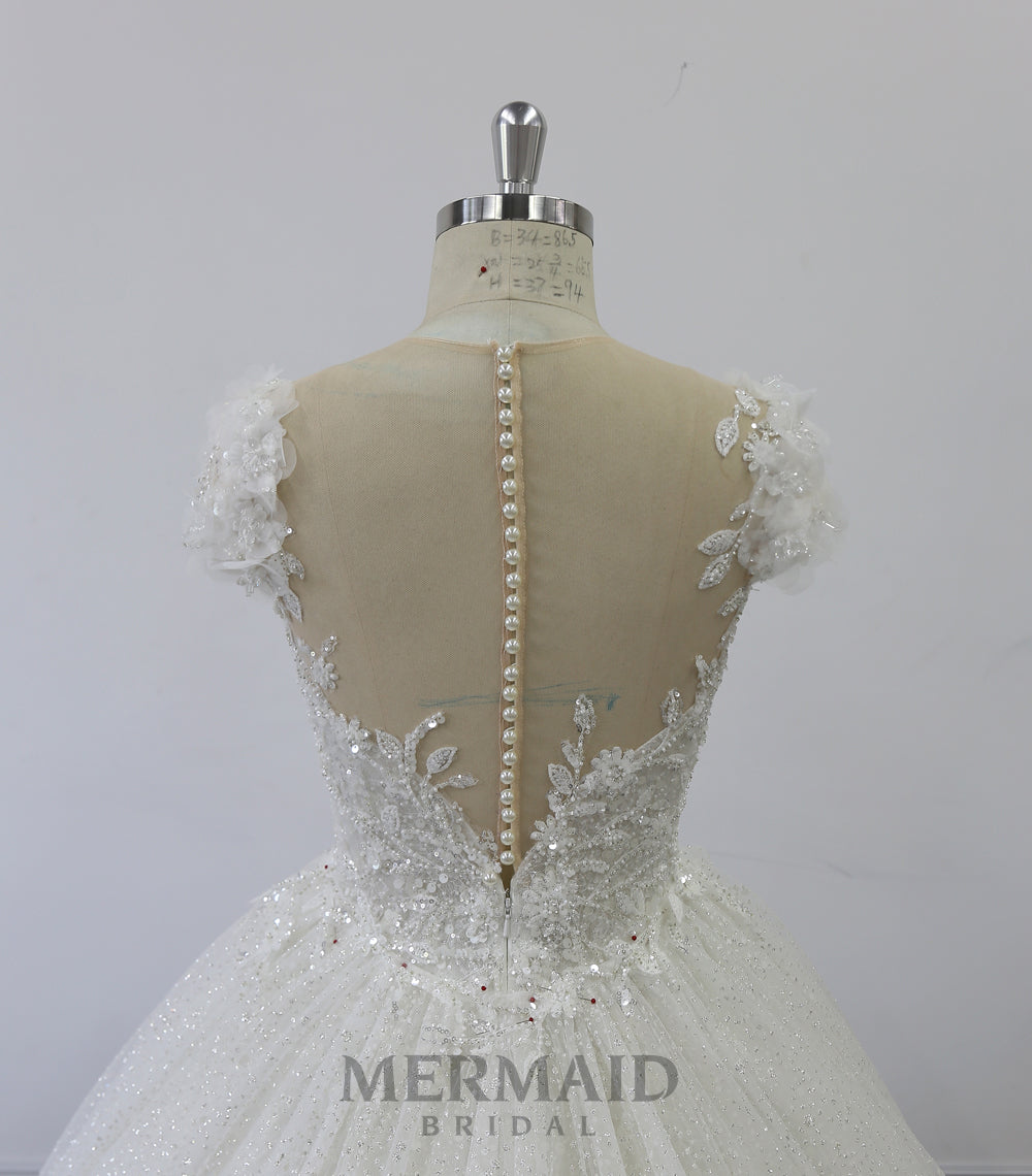 Cap Sleeves Bling Ball Gown Wedding Dress with Detachable Skirt