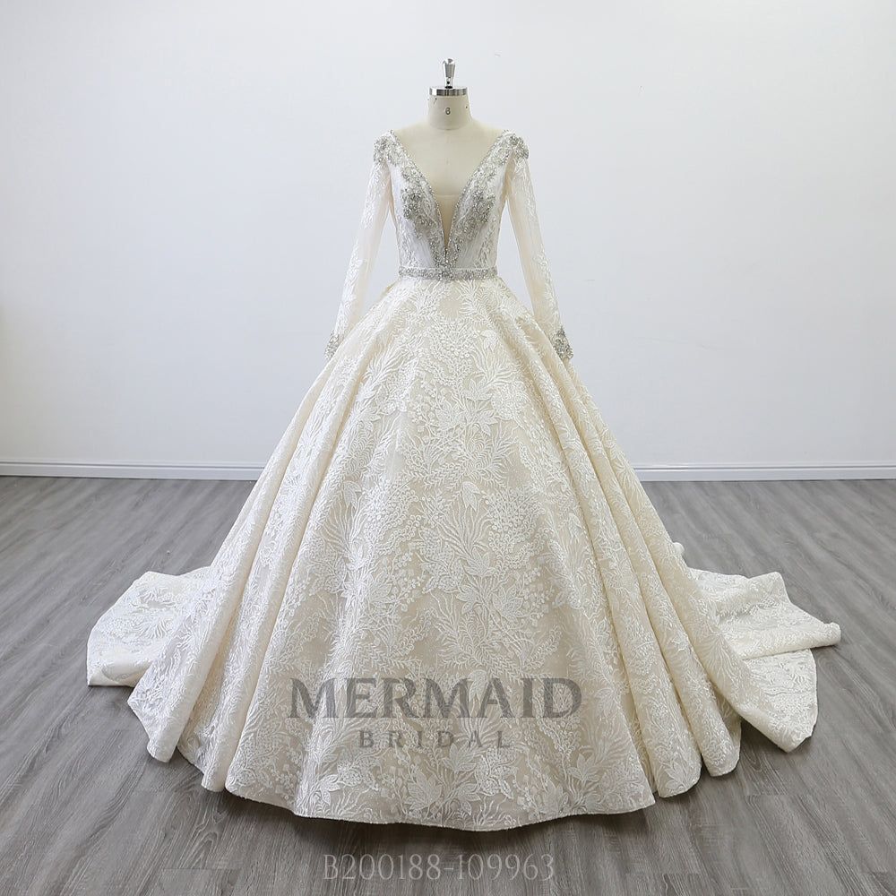 Open back wedding gown long sleeve ball gown wedding dress with detachable belt