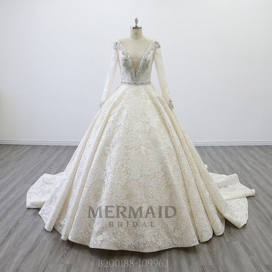 Open back wedding gown long sleeve ball gown wedding dress with detachable belt