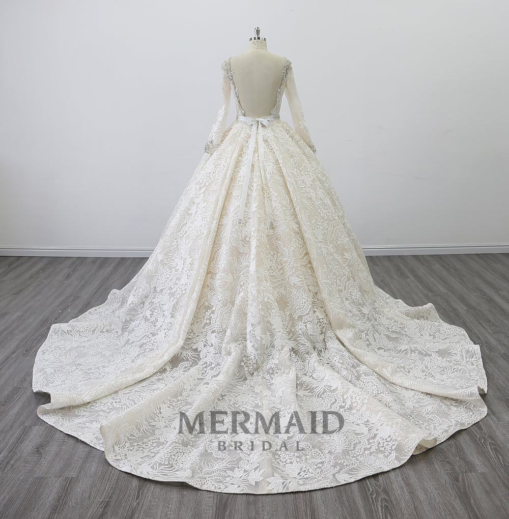 Open back wedding gown long sleeve ball gown wedding dress with detachable belt