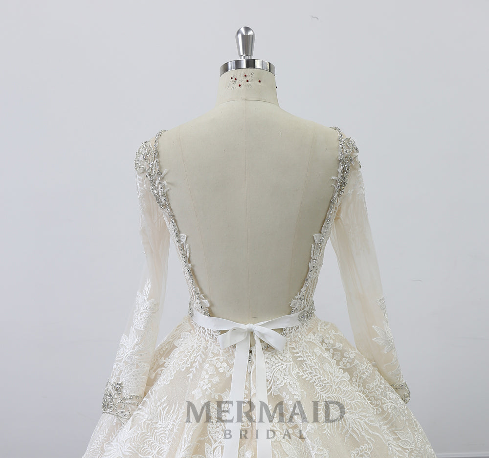 Open back wedding gown long sleeve ball gown wedding dress with detachable belt