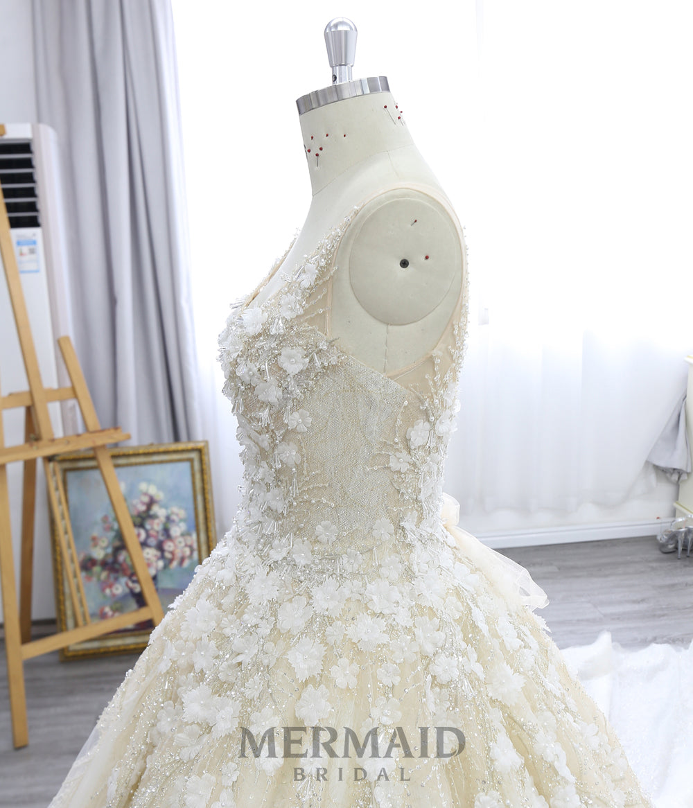 Backless Beaded 3D handmade Flowers ball Gown Wedding Dress