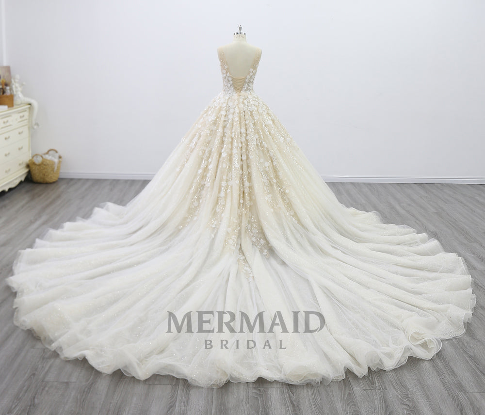 Backless Beaded 3D handmade Flowers ball Gown Wedding Dress