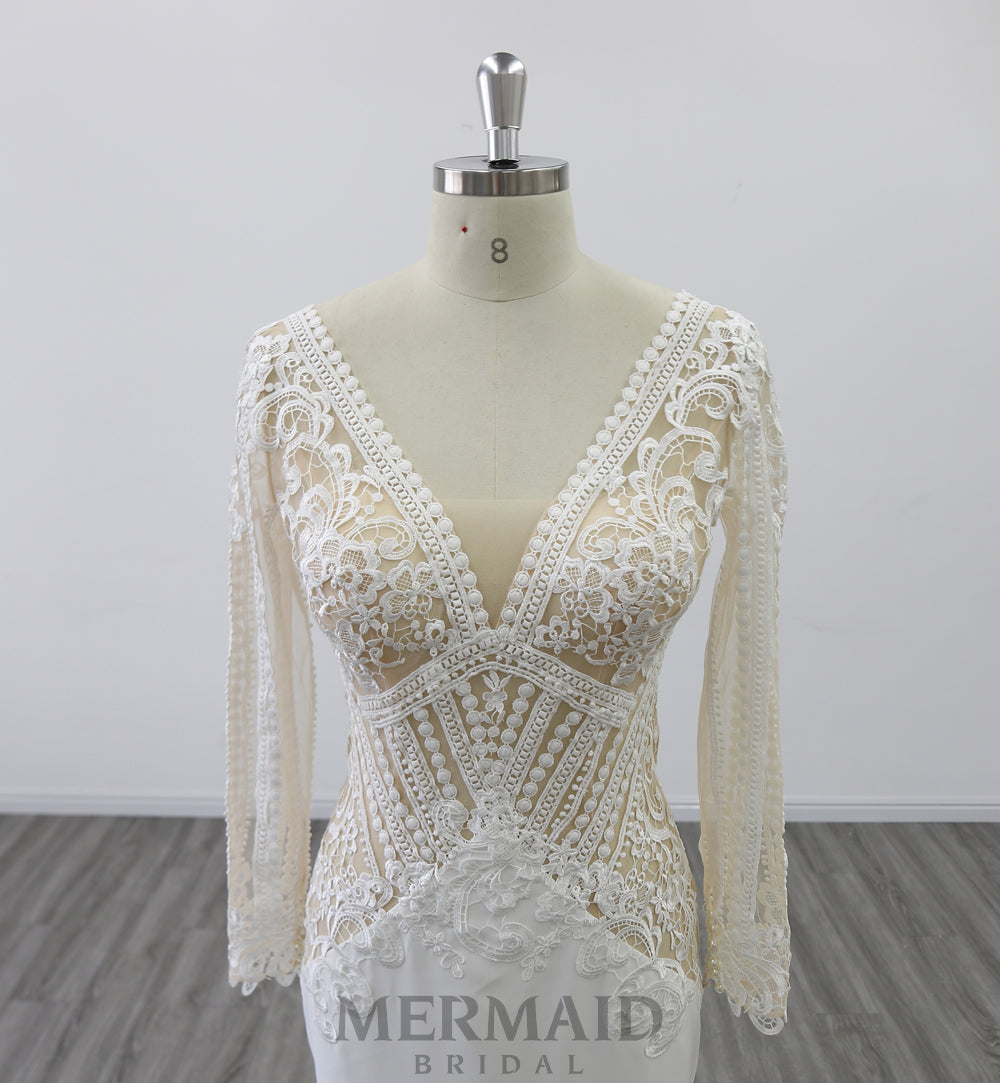 New Long Sleeves Lace Crepe Wedding Dress