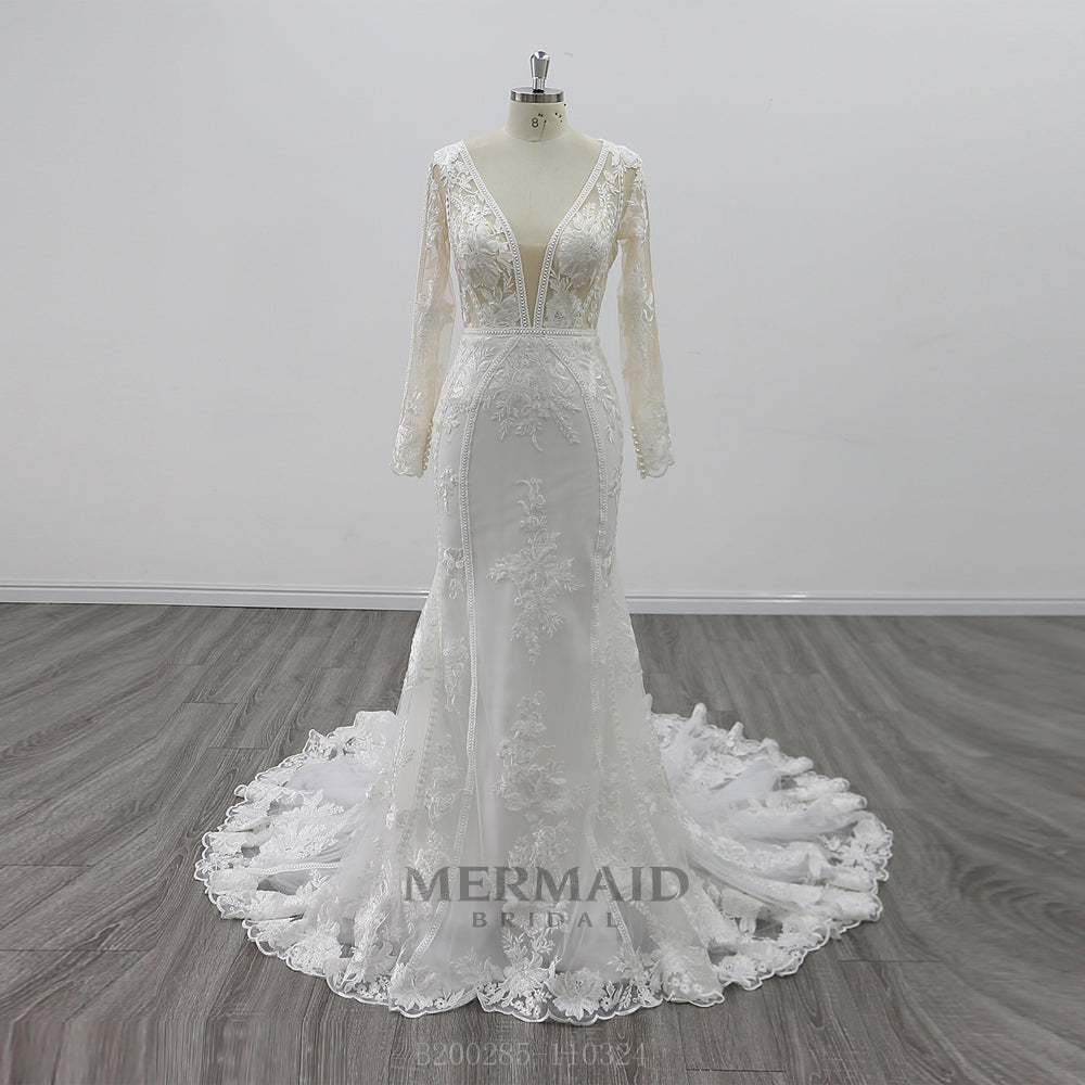 New Long Sleeves Backless Lace Wedding Dress