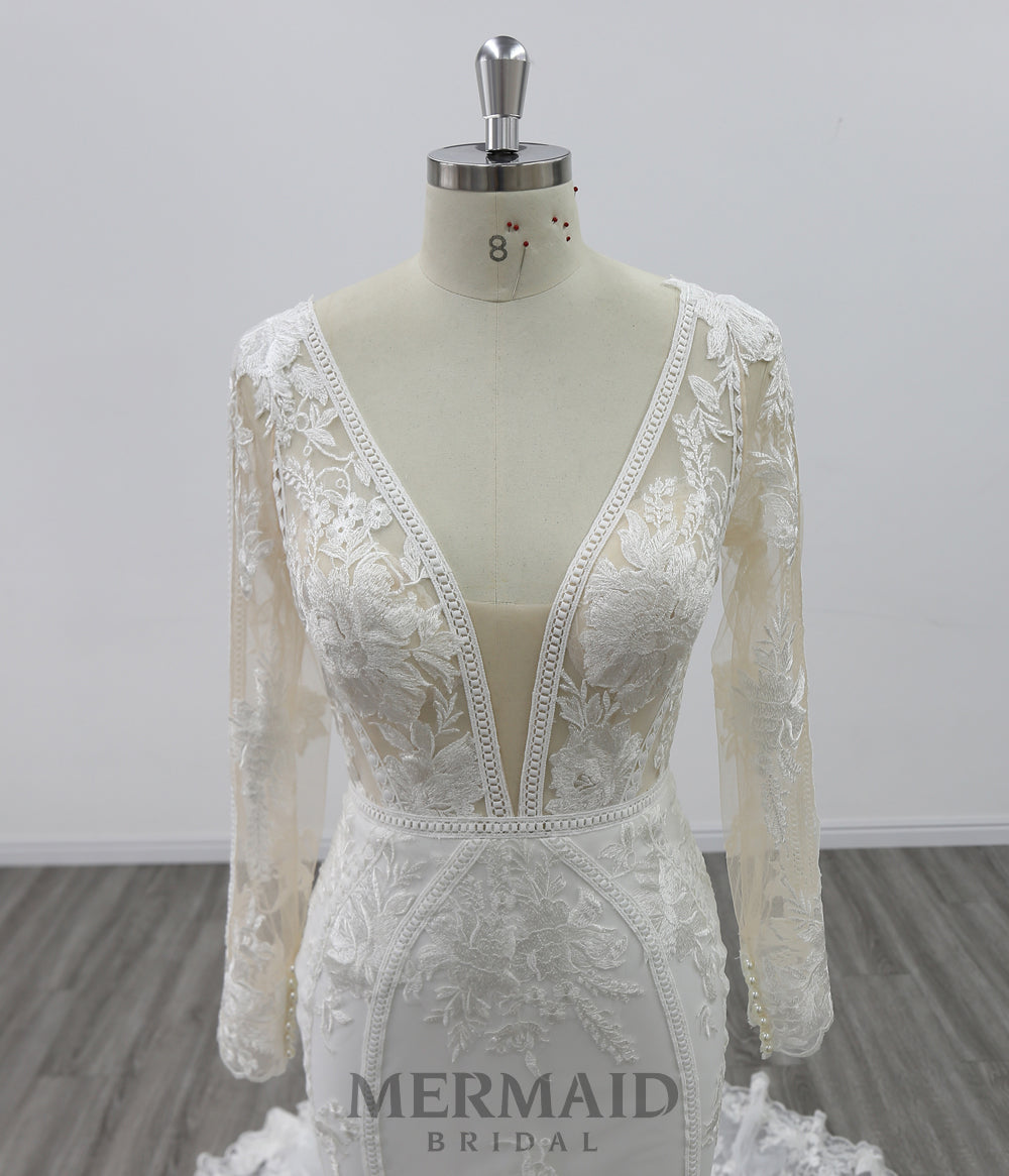 New Long Sleeves Backless Lace Wedding Dress